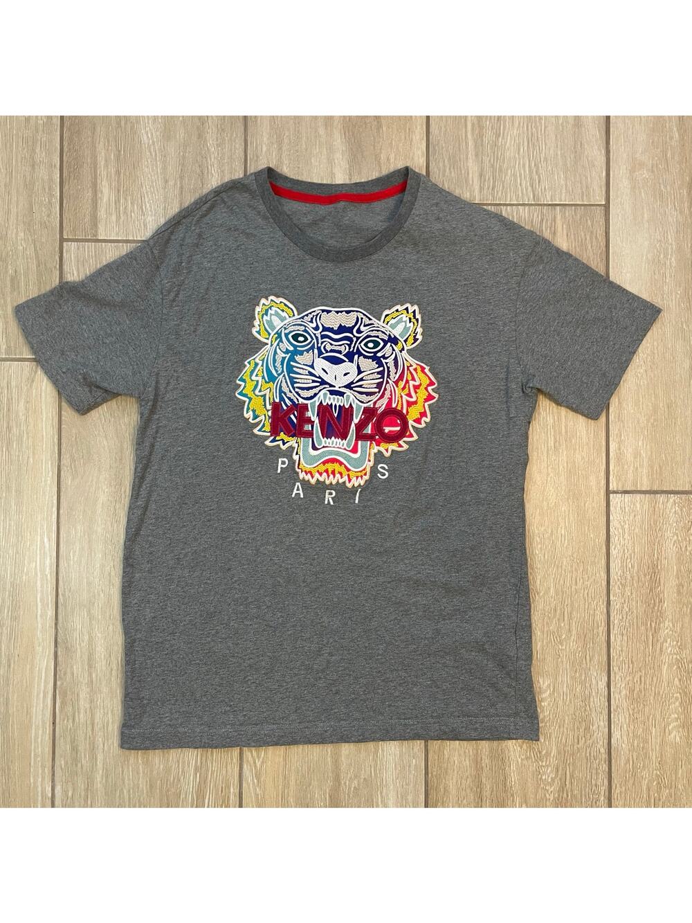 Kenzo Paris Tiger Logo Embroidered T Shirt Mens Small Gray Luxury Designer Tee